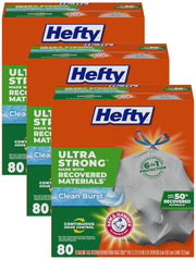 Ultra Strong Made with 50% Recovered Materials* Tall Kitchen Trash Bags by Hefty – 80 Count (Pack of 3), 13.0 gallons, Plastic, Grey, Pack of 3