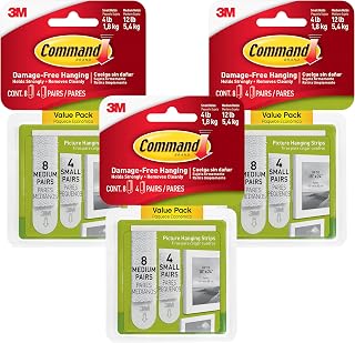 Command Picture Hanging Strips Variety Pack, Damage Free Hanging Picture Hangers, No Tools Wall Hanging Strips for Living Spaces, White, 16 Small Pairs and 32 Medium Pairs (96 Strips) (Pack of 3)