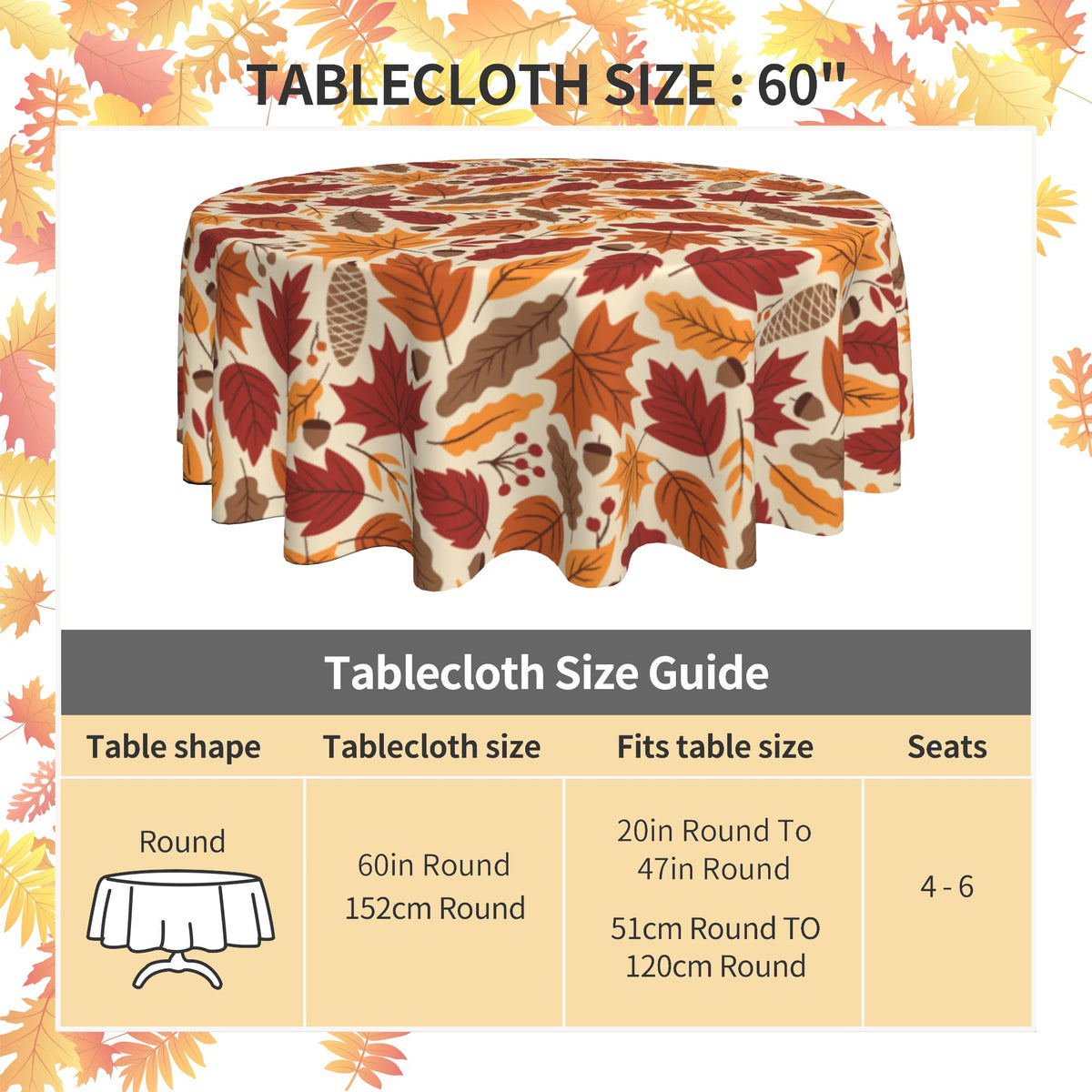 KIYIYZER Autumn Leaf Round Tablecloth, 60 Inch Diameter, Yellow