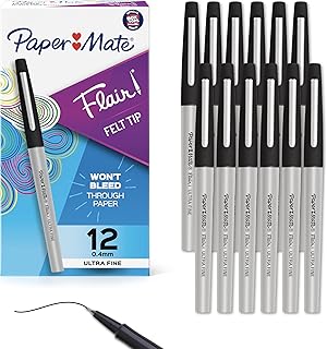 Paper Mate Flair Felt Tip Pens, Ultra Fine Point (0.4mm), Black Ink, 12 Count - Office Supplies, No Bleed, For Precise and Expressive Writing