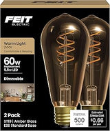 Feit Electric ST19 Vintage LED Light Bulb, 60W Equivalent, 2100K Warm Light, Spiral Filament, Amber Glass, Dimmable, Decorative Edison Bulb for Home or Commercial Use, ST1960S2D/821FILVG/2, 2 Pack