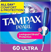 Tampax Pearl Tampons for Women, with LeakGuard Braid, Ultra Absorbency, Unscented, 60 Count
