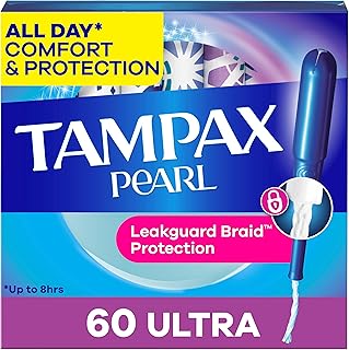 Tampax Pearl Tampons for Women, with LeakGuard Braid, Ultra Absorbency, Unscented, 60 Count