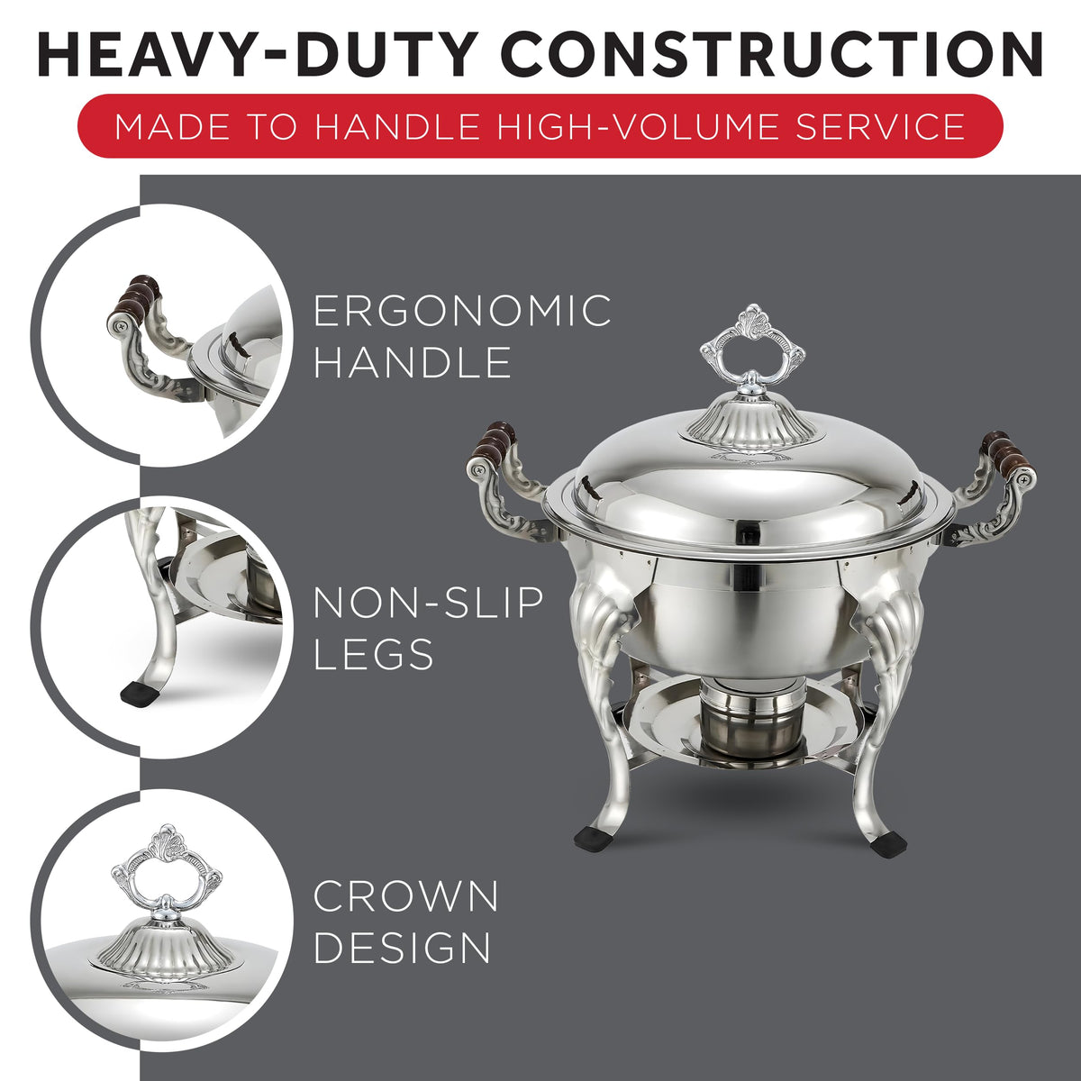 Round Crown Chafer by Winco – 6 Quart (Round), 6.0 quarts, Stainless Steel, Silver