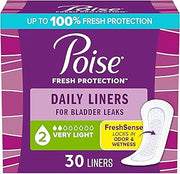 Poise Daily Liners, Incontinence Panty Liners for Bladder Leaks, 2 Drop Very Light Absorbency, Regular Length, 30 Count of Pantiliners, Packaging May Vary