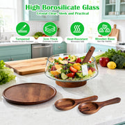 Airsent Glass Serving Bowl with Lid, 5-Quart Capacity, Clear with Wood Base