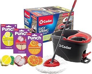 O-Cedar Punch Fruit-Shaped Scrub Sponge Pack (3 Count) + EasyWring Microfiber Spin Mop and Bucket System – Flexible, Multi-Use Scrub Sponges & Complete Mopping Cleaning Bundle