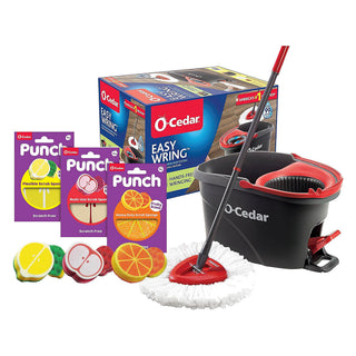 Punch Fruit-Shaped Scrub Sponge Pack (3 Count) + EasyWring Microfiber Spin Mop and Bucket System by O-Cedar – Easy Wring Spin Mop & Bucket + Punch Variety Pack