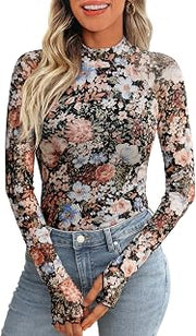 Womens Lace Sheer Floral Mesh Mock Neck Tops