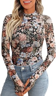 Womens Lace Sheer Floral Mesh Mock Neck Tops