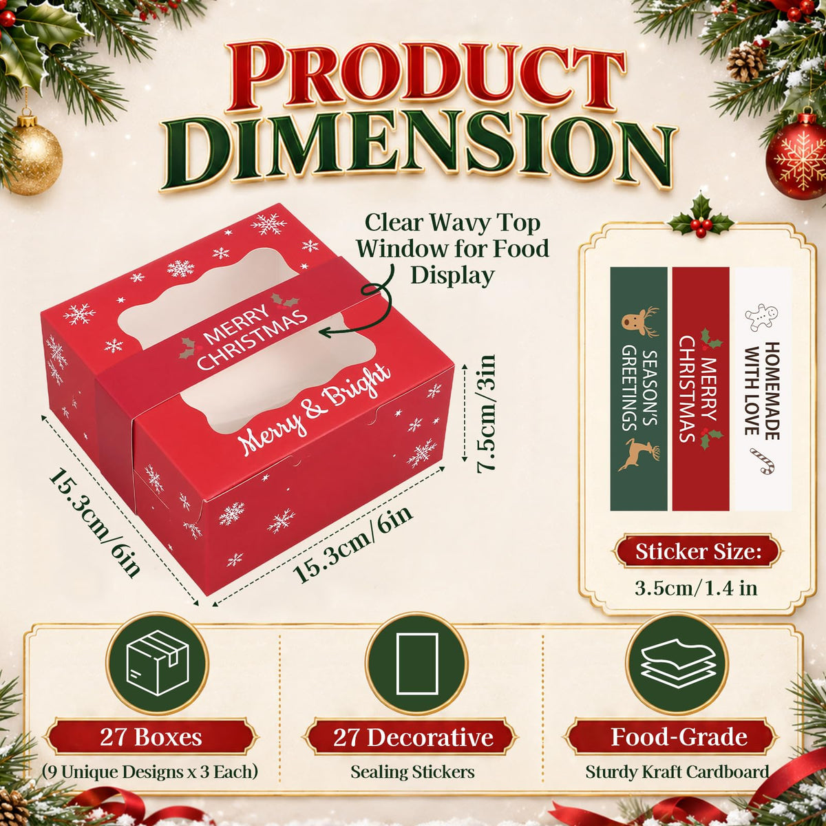 MotiMind Christmas Cookie Boxes with Window, 6x6x3 Inch, 27 Pack Multicolor
