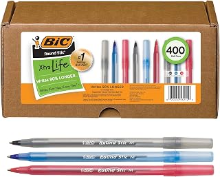 BIC Round Stic Xtra Life Ballpoint Pen, Medium Point (1.0mm), Black/Red/Blue -- Box of 400 Assorted Ball Pens