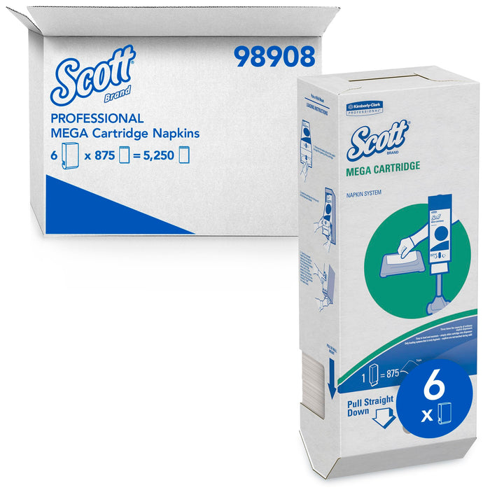 Scott® Mega Cartridge Napkin Box (98908), Disposable Paper Napkins, 6 Cartons of 875 Beverage Napkins (5,250 Napkins/Case)