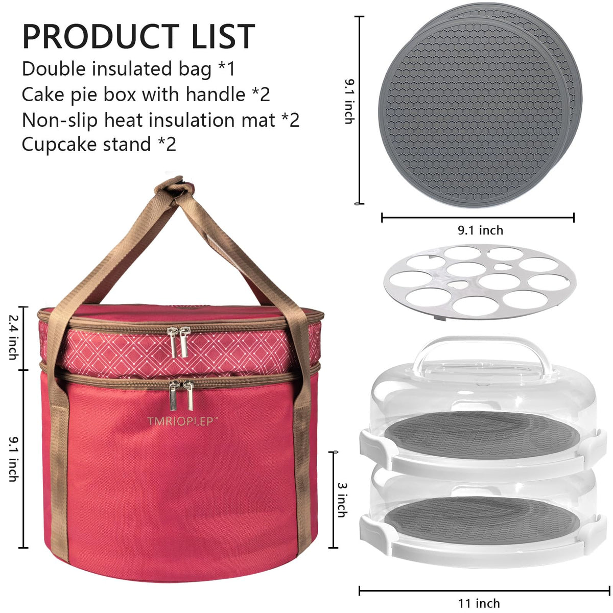Tmrioplep Pie Carrier Set with Lids and Handles, 12 Inch, Red