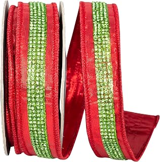 Reliant Ribbon Metallic Jeweled Striped Deluxe Fused Wired Edge Ribbon, Red/Lime