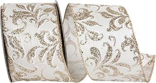Reliant Ribbon Filigree Glitter Fantastic Stripe Wired Edge, Ivory/Gold, 2-1/2 Inch, 10 Yards