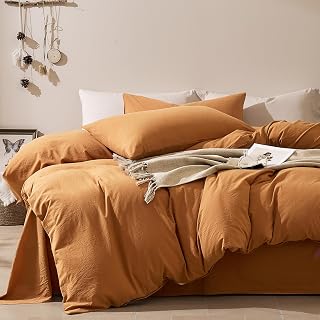 Duvet Cover 100% Washed Cotton Comforter Cover with Linen-Like Texture,Breathable & Soft Bedding for Modern Home, Guest Room and Everyday Use,（Amber Orange, Cal King 104"x98"