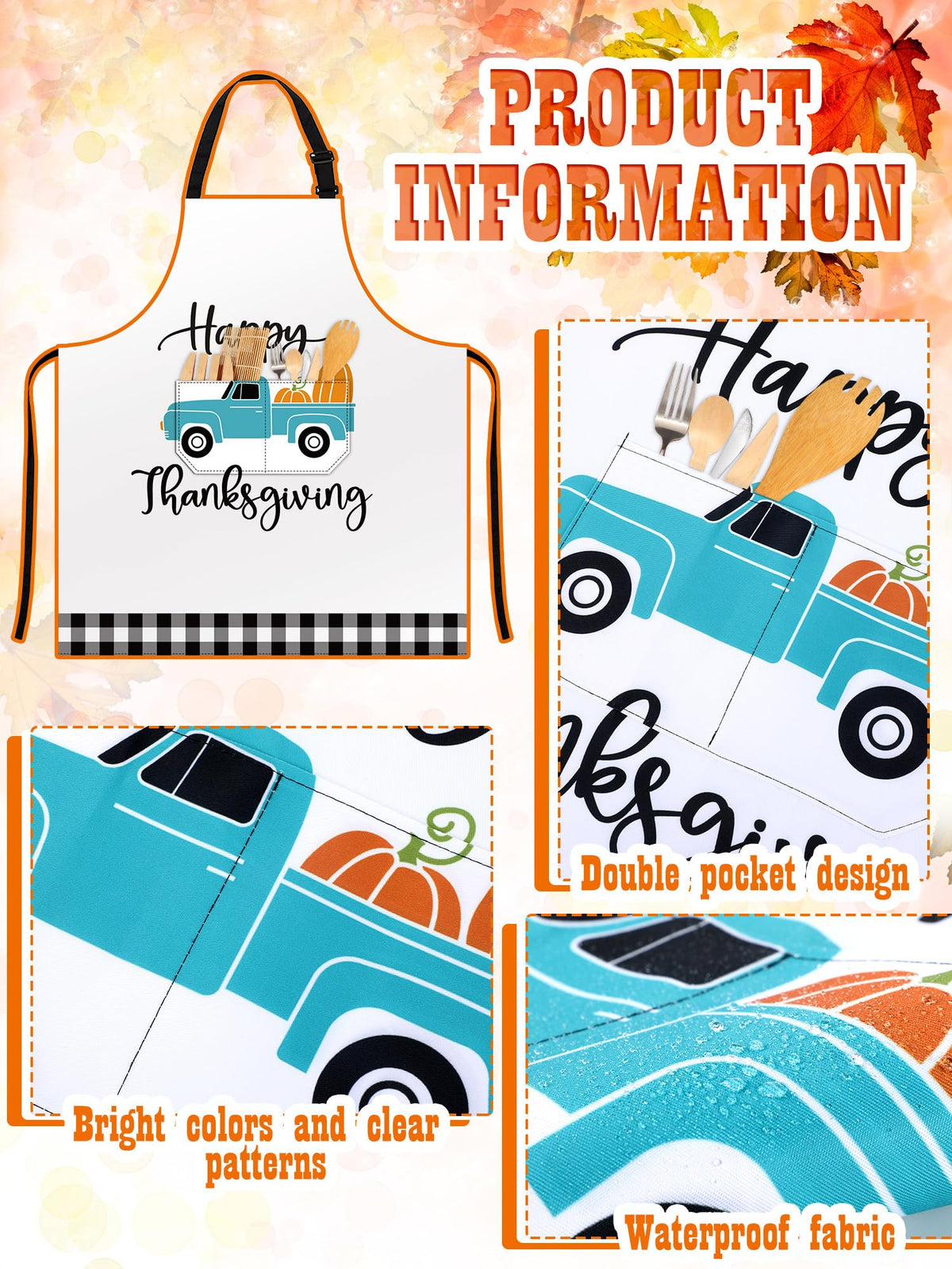 Geetery Thanksgiving Aprons with Pockets, 4 Pack, Black White Turkey