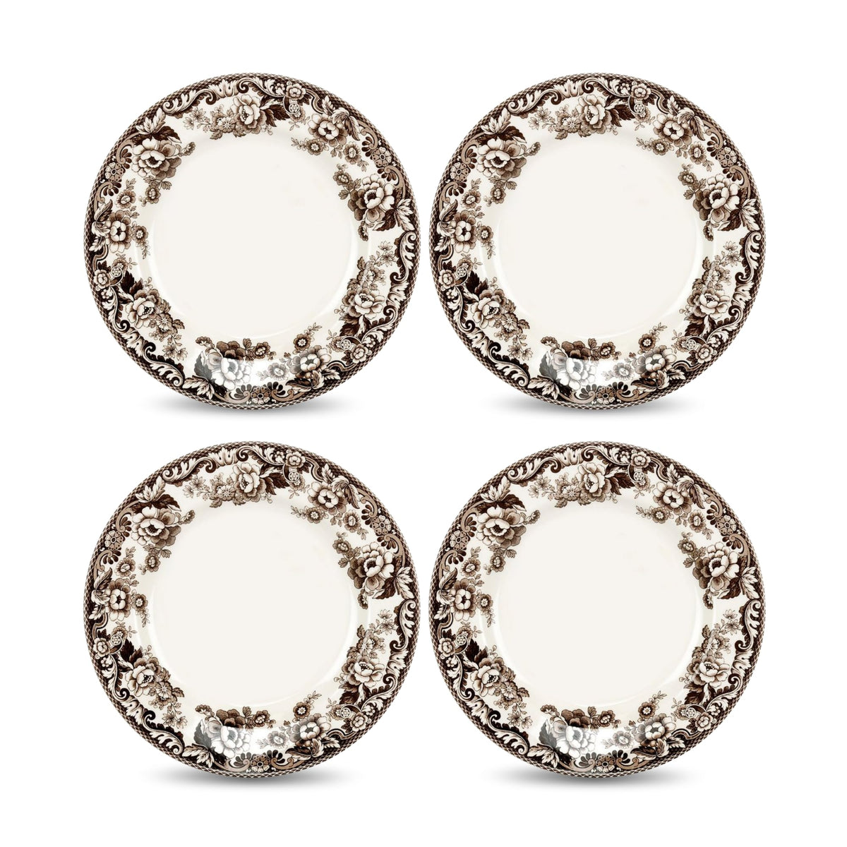 Spode Delamere Earthenware Salad Plates, 8 Inch Diameter, Set of 4, Brown and White