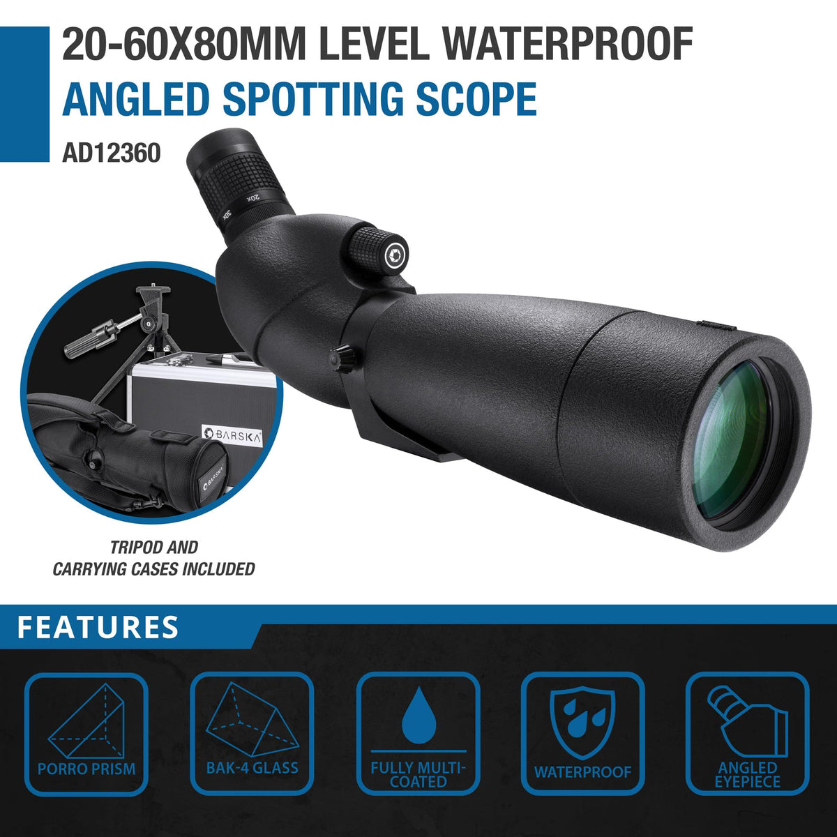 20-60x80mm Waterproof Angled Spotting Scope by Barska – 20-60x80, Black, Model AD12360