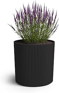 Mayne Serene 14in Round Fluted Modern Planter, Black | Round fluted modern design, All Season, Fade resistant, Indoor/Outdoor, Drainage Plugs, 5-year warranty