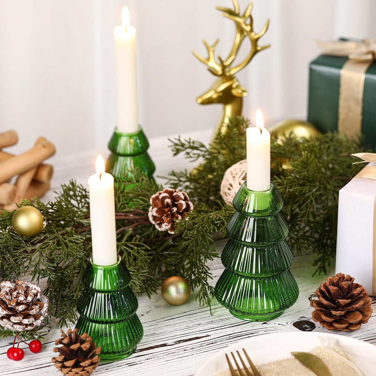 Leinuosen Glass Candlestick Set, Tree Shape, Green, 4 Pieces