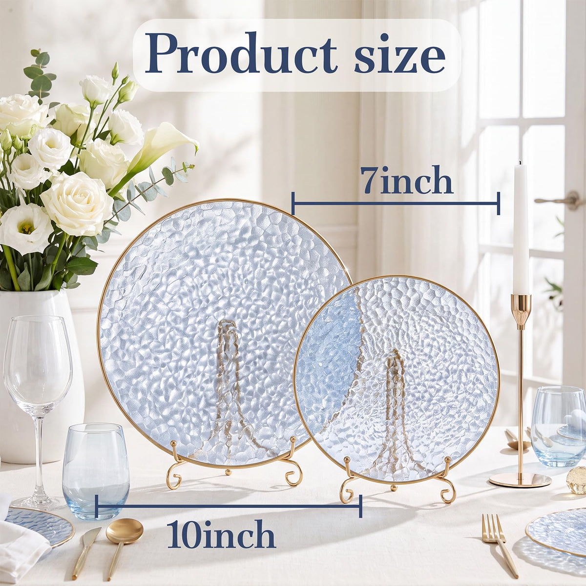 Rubtlamp Hammered Plastic Plates, Clear Blue With Gold Rim, 60 Count