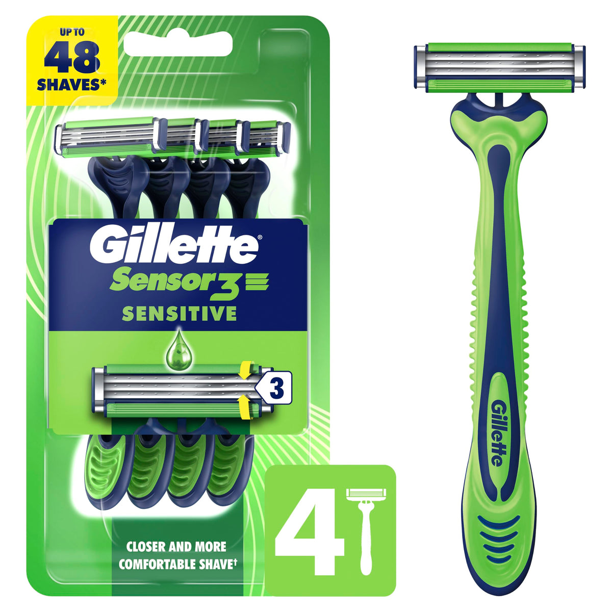 Gillette 4 Count (Pack of 1) / Sensor3 Sensitive (4ct) / Green/White Disposable Razors