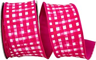 Reliant Ribbon Watercolor Check Deluxe Dupioni Backed Wired Edge Ribbon, Hot Pink