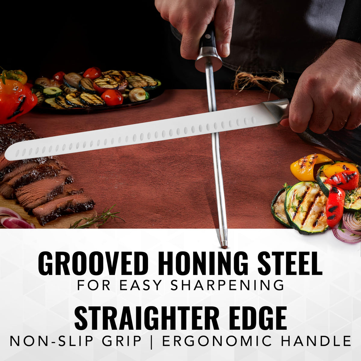Cutluxe Carving Knife Set, 12 Inch Brisket Slicer With 10 Inch Honing Rod, Brown