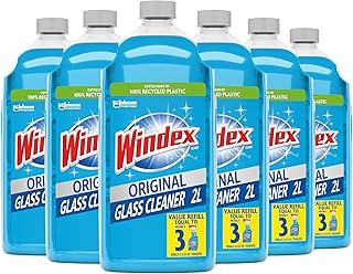 Windex Refill Glass and Window Cleaner Bottle, Bottle Made of 100% Recycled Plastic, Surface Cleaning Spray, Original Blue Scent, 2L (67.6 Fl Oz) (Pack of 6)