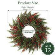 Gandeer Artificial Cedar Wreath Placemats, Set of 12, Green and Red