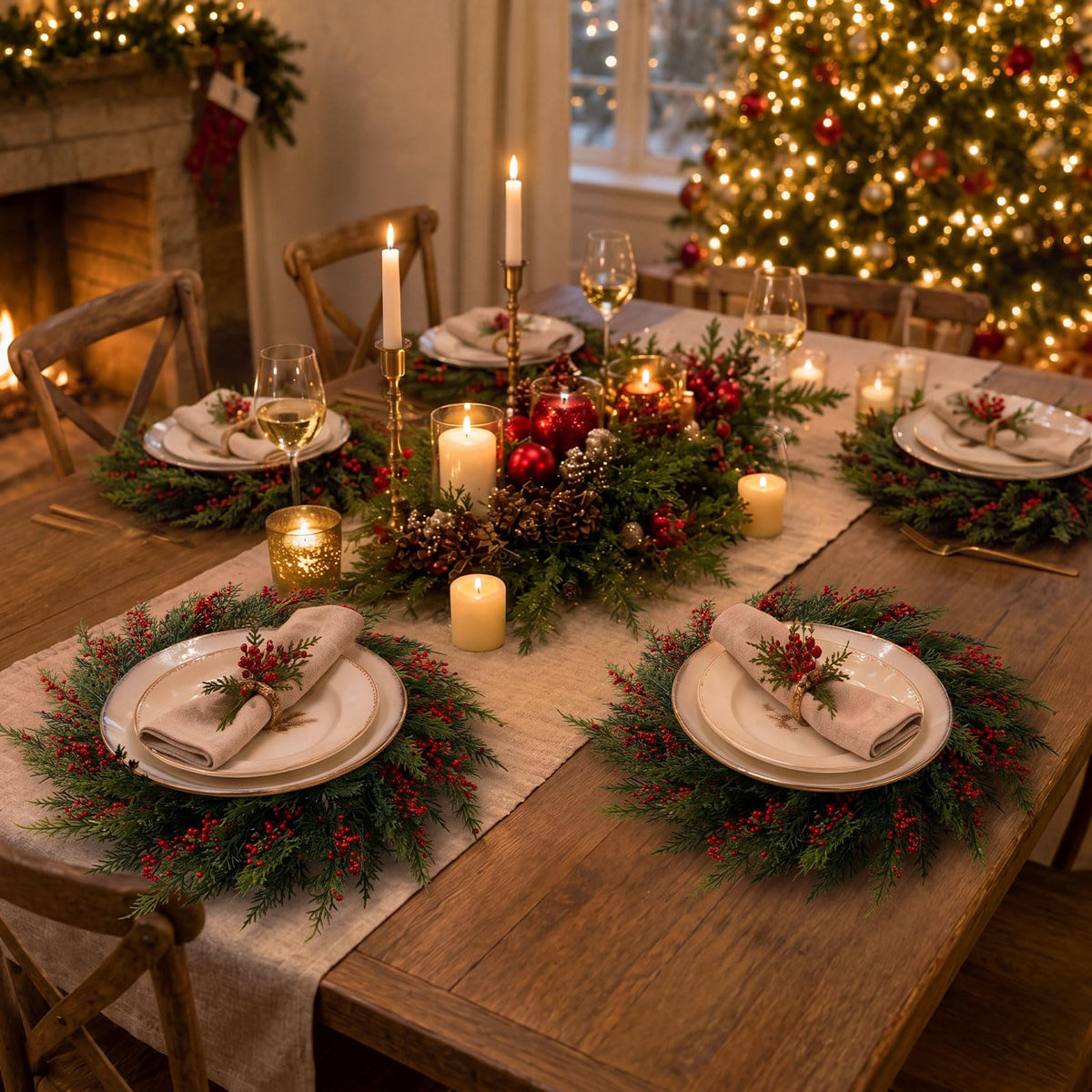 Gandeer Artificial Cedar Wreath Placemats, Set of 12, Green and Red