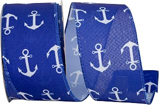 Reliant Ribbon Anchors Away Linen Wired Edge, Royal, 2-1/2 Inch, 10 Yards
