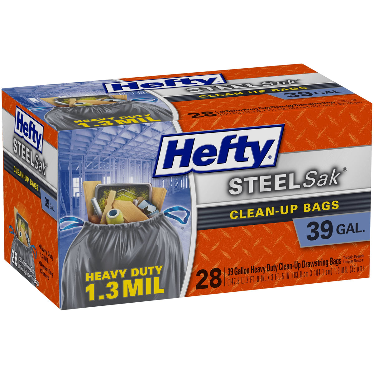 SteelSak Heavy Duty Large Clean-Up Trash Bags by Hefty – 28 Count (Pack of 1), 39.0 gallons, Steel, Black, Model E24530