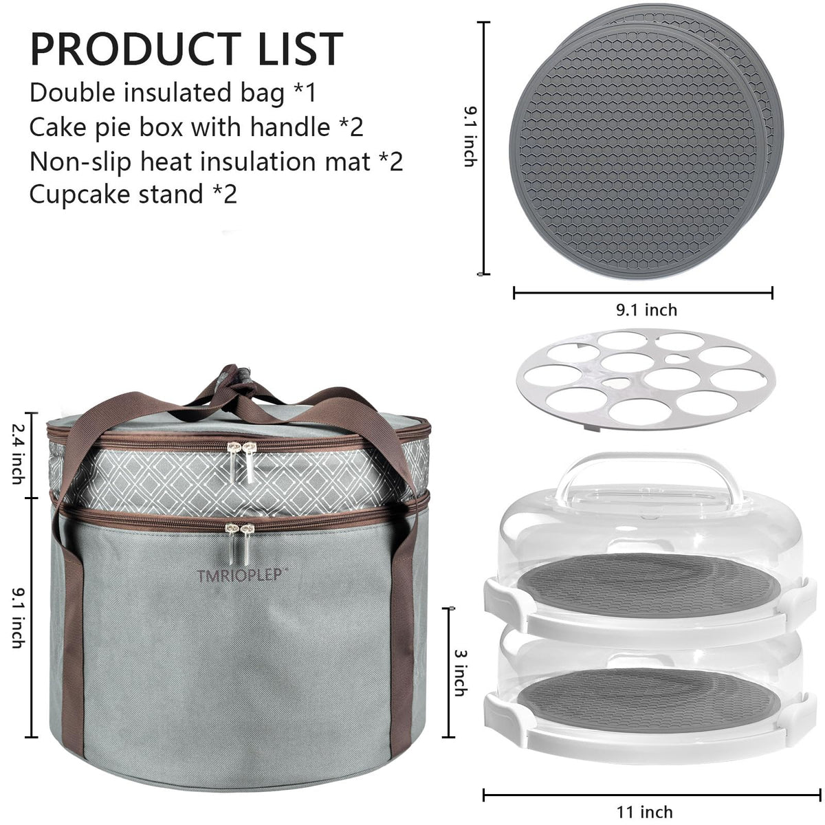 Tmrioplep Pie Carrier with Lid and Handle, 12 Inch, 2 Pack, Grey