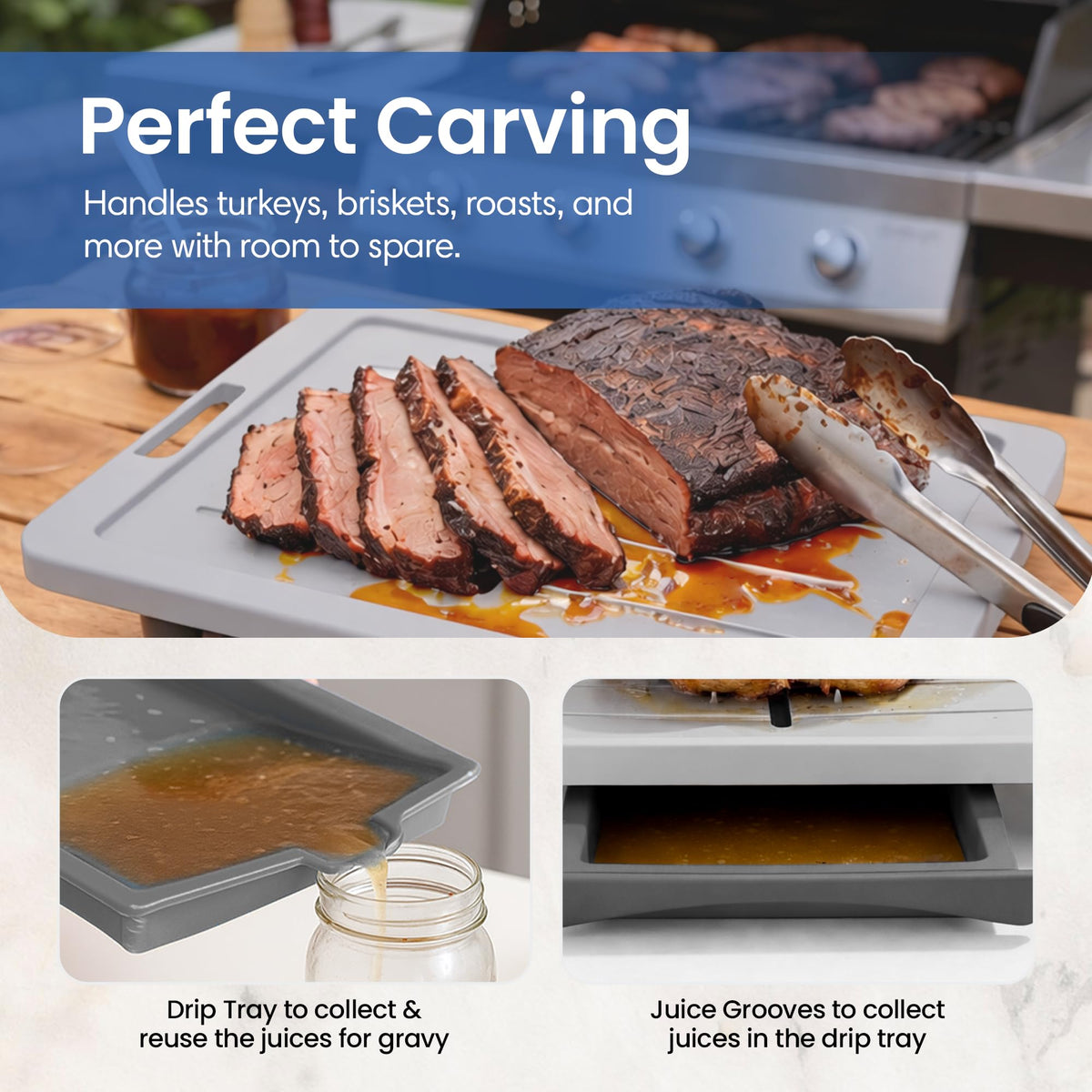 Karving King Carving Board with Drip Tray and Spikes, 20x13 Inch, Gray
