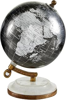 Deco 79 Plastic World Map Globe, Globe 5" x 5" x 7", Black | Educational/Geographic Earth World Map Small Decorative World Globe With Silver Continents And White Marble Base World Globe