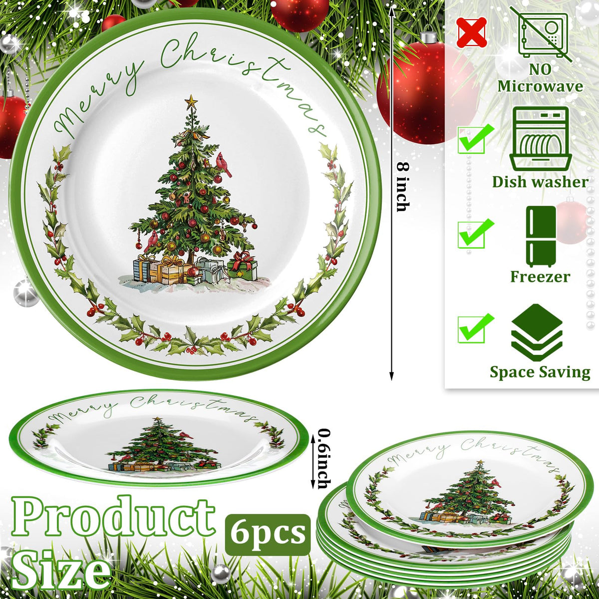 Loyim Melamine Christmas Plates, 8 Inch, Set of 6