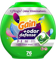 Gain Flings Laundry Detergent Pacs with Odor Defense, 76 Count, Super Fresh Blast Scent, HE 3in1 Detergent Pacs with Febreze and Oxi