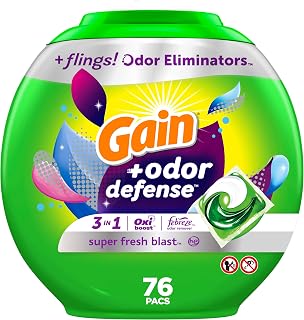 Gain Flings Laundry Detergent Pacs with Odor Defense, 76 Count, Super Fresh Blast Scent, HE 3in1 Detergent Pacs with Febreze and Oxi