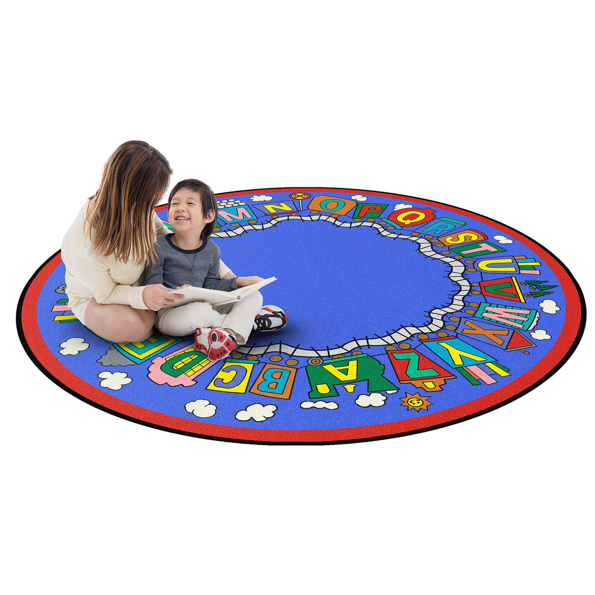 Kid Essentials Language & Literacy Reading Train Rug by Joy Carpets – 13'2" (Round), Nylon, Multicolored, Model 1429XLE-01