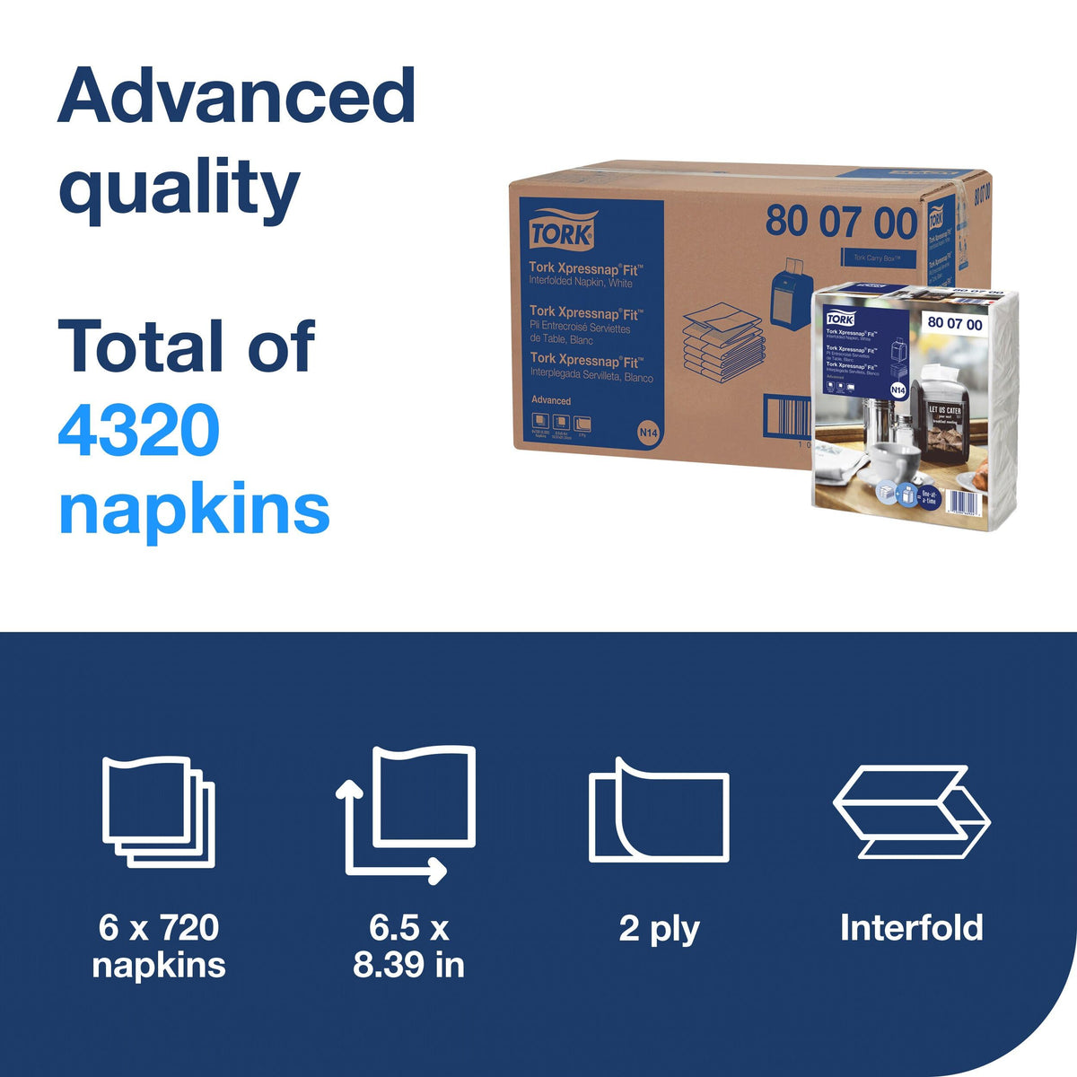 Tork Xpressnap Fit White Dispenser Napkin N14 – 6 x 720 napkins, 800700
