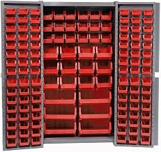 Global Industrial Deep Door Bin Cabinet, Includes 132 Red Plastic Bins