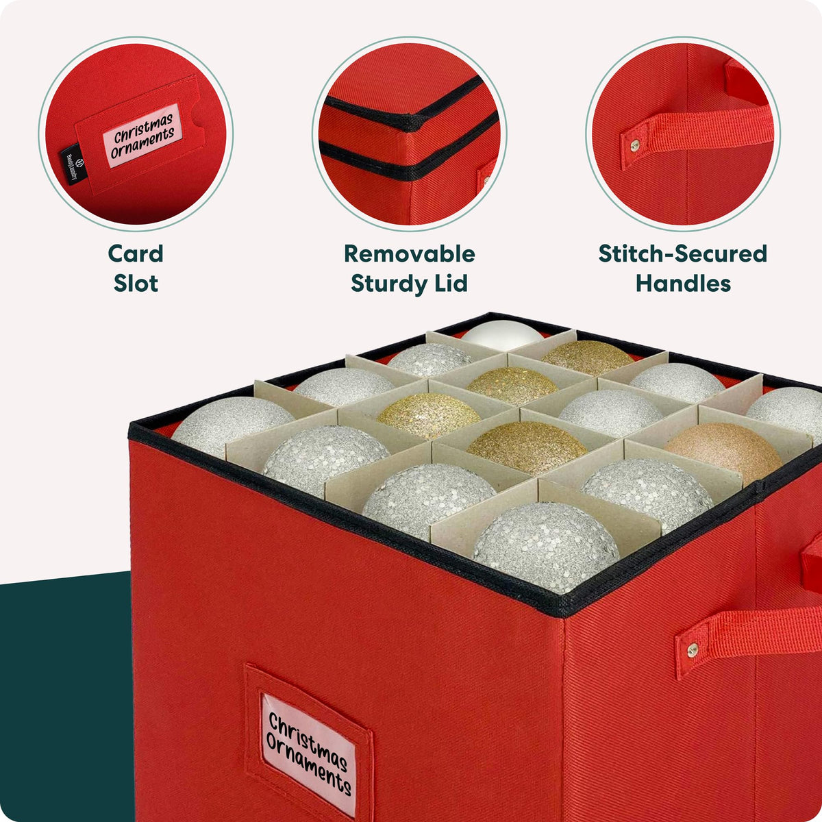 Handy Laundry Ornament Storage Box, Holds 64 Items, Adjustable Dividers, Red
