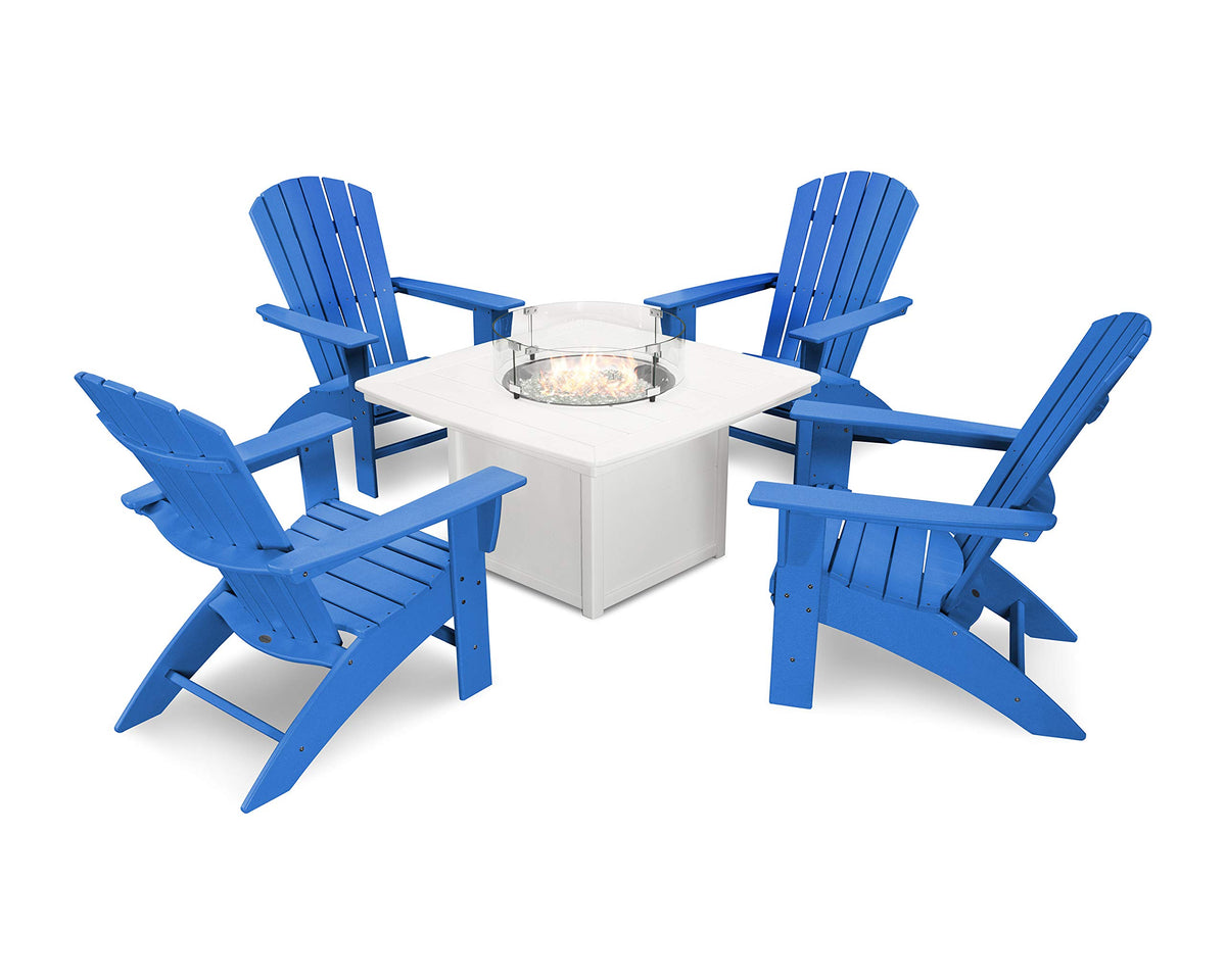 Nautical 5-Piece Curveback Adirondack Chair Conversation Set with Fire Pit Table by Polywood – Onesize, High Density Polyethylene, Pacific Blue / White, Model PWS409-1-10347