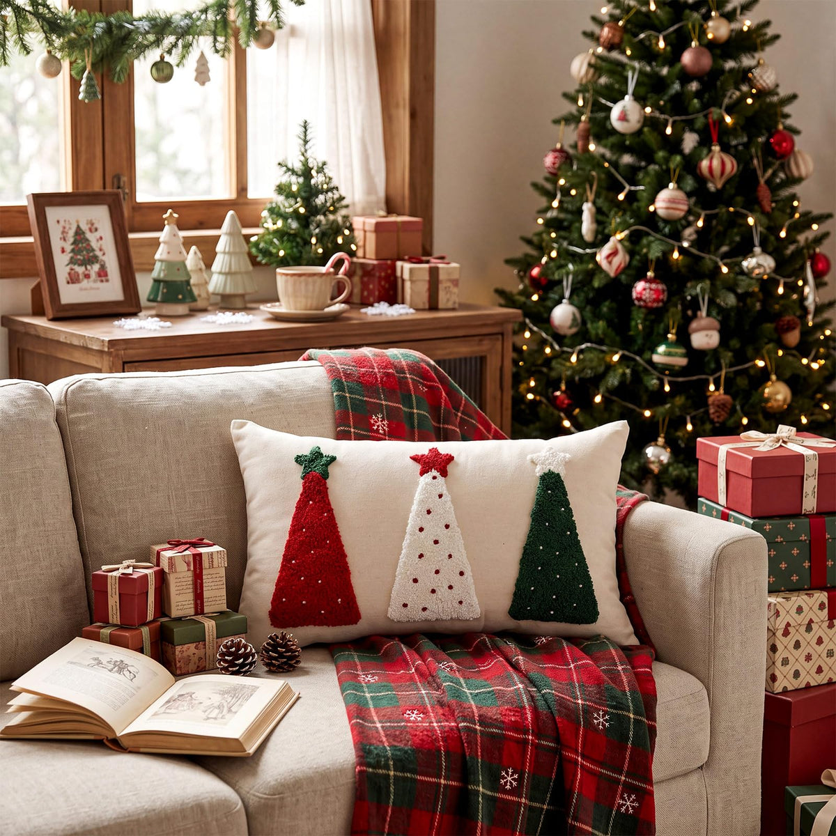 Boao Christmas Lumbar Pillow Cover, 12 x 20 Inches, Red White Green Tree Design