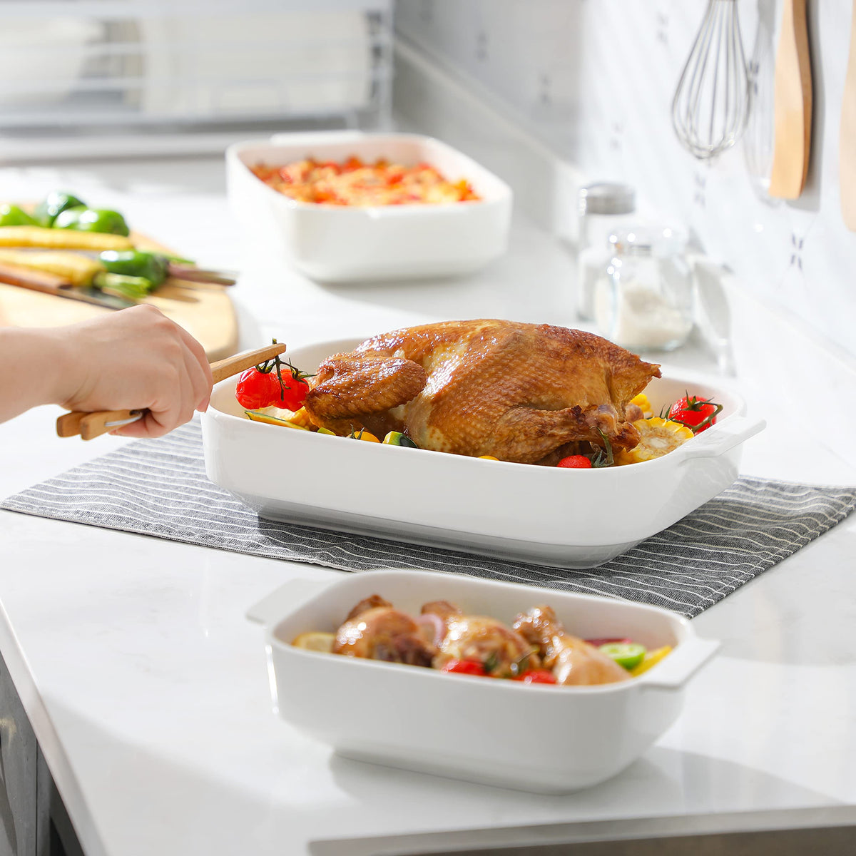 Malacasa Ceramic Casserole Dish Set, Porcelain Bakeware, White, Set of 3