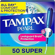 Tampax Pearl Tampons for Women, with LeakGuard Braid, Super Absorbency, Unscented, 50 Count