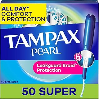 Tampax Pearl Tampons for Women, with LeakGuard Braid, Super Absorbency, Unscented, 50 Count